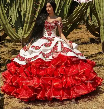 Червени Рокли Charro Quinceanera Бална Рокля с открити Рамене Апликации от Органза Мексикански Сладки 16 Рокли 15 Anos
