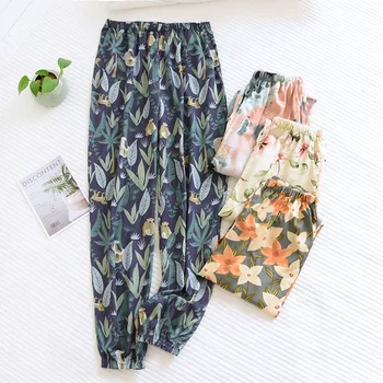 Пролет-лято нови дамски панталони от 100% вискоза с големи цветя, удобни пижамные панталони, свободни затваряне на домашни панталони, големи размери