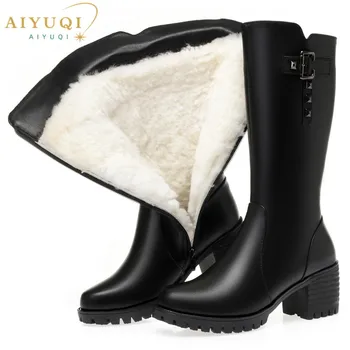 AIYUQI/Дамски зимни обувки На висок ток, Нови Топли Вълнени Дамски Дълги Ботуши в Голям Размер, в Римски стил от естествена кожа, дамски Ботуши за езда