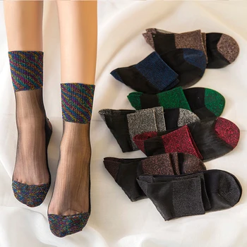 1 чифт Модни Летни женски ултра тънки Прозрачни Чорапи, Лъскави Копринени Чорапи от Кристално стъкло, Красиви Дантелени Брилянтни Къси Ластични Чорапи