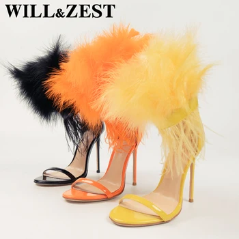 WILL&ZEST Stilleto/ Чубрица обувки на висок Ток с пера, Модни Бели Летни Сандали с Пайети, Забавен Дамски Обувки с Отворени Пръсти, фетиш Токчета за Стриптийз
