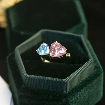 стерлинговое сребро 925 светло морско синьо розово бижу двойно сърце пръстени за жени романтична двойка сватбени бижута, сватбен подарък
