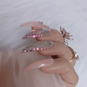24шт Светло розови луксозни модни бижута дизайн дълъг съвет фалшиви нокти диаманти