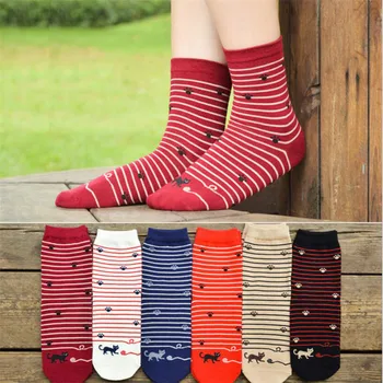 Есенно-зимни дамски памучни чорапи с герои от анимационни филми, на 6 чифта/лот, Цветни райета Сладък дамски чорапи Kawaii с животни
