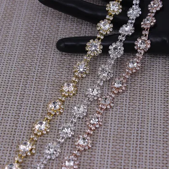 блестящи кристали във формата на цвете, розово злато, сребро, злато и кристали, метална верижка, Лента за рокли, чанти, аксесоари за обувки