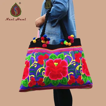 Старинните дамски чанти голям капацитет, Етническа син памучен плат, големи бродирани цветя чанта през рамо