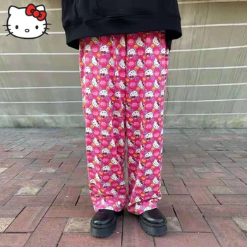 Kawaii Sanrio Y2k Hello Kitty Панталони Женски Нови Широки Панталони Сладки Свободни Ежедневни Тънки Панталони С Висока Талия С Принтом S-XL