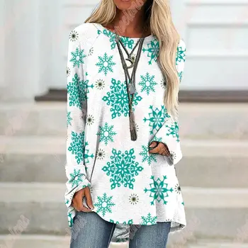 Дамски модни есенно-зимни дрехи, Ежедневни Блузи с дълъг Ръкав и кръгло деколте, Дамски Свободна туника, тениски с Принтом Снежинки