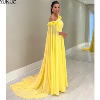 YUNUO, Жълто Шифоновое рокля с едно рамо за майката на Булката с цветя, в Елегантна Дълга рокля Трапецовидна форма, женствена рокля за Сватбени партита