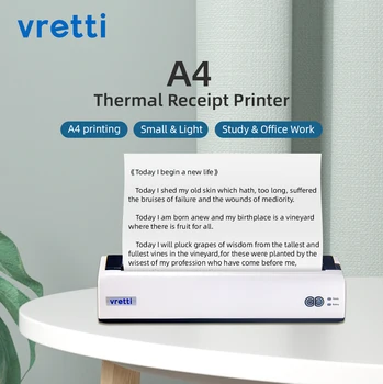 Vretti A4 Преносим Принтер Директно Термален Мобилен Принтер Безжична Bluetooth USB за Бизнес Офис Работа с 1 Рулоном Хартия