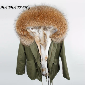Модерно дамско палто с качулка на облицовки от естествен кожа заек, мини-паркове, връхни дрехи с голяма яка от кожа на миеща мечка, зимно яке