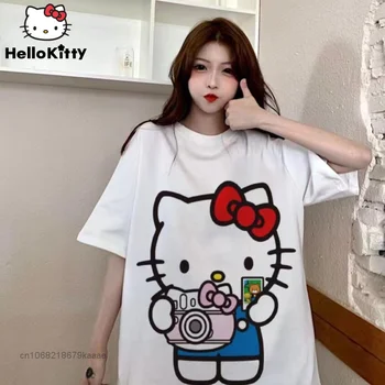 Sanrio Hello Kitty Нови тениски Дамски Лятна Тенденция Облекло Y2k Блузи С Къс Ръкав Свободни Тениски, Дамски Тениски В Корейски стил