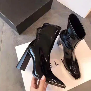 2022 г., Нови женски ботильоны с квадратни пръсти, изработени от метал, Модни дамски обувки от лачена кожа, Botas Mujer, дамски обувки на висок ток, Zapatos