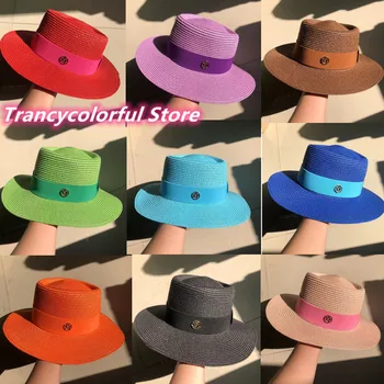 Сламена шапка цвят на Тестени изделия, солнцезащитная шапка с логото на M, нова неравна шапка, топ, корейската мода, еластична лента цилиндър, плажна шапка, солнцезащитная шапка цвят карамел