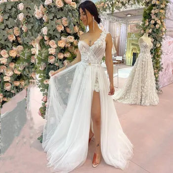 Дантелени Сватбени Рокли В стил бохо с едно Рамо, Плисе, 2 броя, Горна Пола, Тюлевые Сватбени Рокли на Принцеси За Поръчка, vestido de новия 2022