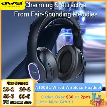 Awei A100BL на Жични и Безжични Слушалки Bluetooth Слушалки Слот Слушалки С Микрофон Цветни Дихателни Светлини За PC преносим Компютър