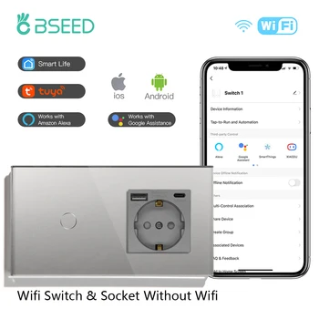 BSEED Wifi, Сензорен превключвател 1/2/3Gang Умни, Ключове за осветление на ЕС Стенни Изход USB Type-C Контакти на Hristo Google Алекса Приложение за Управление на