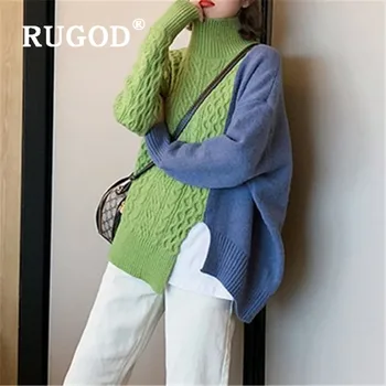 RUGOD Нов зимен женски корейски цветен женски пуловер в стил мозайка, пуловери, поло с цепка, без вязаный пуловер, модерен жена топ