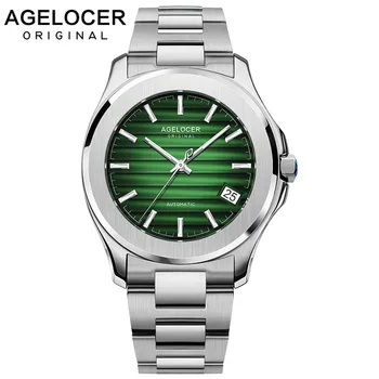 Agelocer Светещи Мъжки Автоматично Механични Часовници От Стомана 316l Със Зелен Циферблат син сапфир Дата Водоустойчив Часовник 6305A9