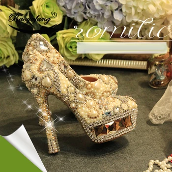 BaoYaFang/Ново записване, Женски сватбени обувки с кристали цвят шампанско от Дамски обувки на платформа с перли, слонова кост, Луксозни Високи обувки от естествена кожа