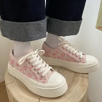 BKQU/Модни Дамски обувки 2022 г., Парусиновые Маратонки с Розови Принтом във формата на Сърце, Пролетно-Есенни Ежедневни Zapatillas Mujer, Студентски Ежедневни Обувки Вулканизированная