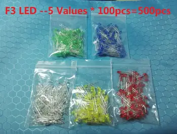 5 стойности * 100шт = 500шт 3 ММ 5 ММ набори от led диоди-Бял Червен Зелен Син Жълт светоизлучающий F3, F5 диоди комплект комплект 5 Цвята
