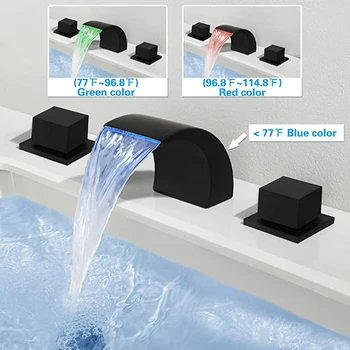 SKOWLL LED Смесител за мивка с Водопад, 3 Дупки, Двойна Дръжка, Смесител За вана, Матиран Черен HG-1182DC