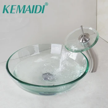 KEMAIDI през Цялата Никел Матиран Водопад Кран + Спечелване Стъклена Купа Мивка За Баня с Мивка, изработени От Закалено Стъкло Набор от Мивки За Баня